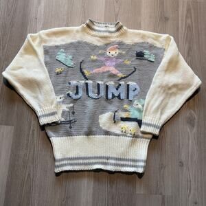 Vintage 90's C.S.L. White Gray Knit Jump Ski Crewneck Pullover Sweater Sz Large